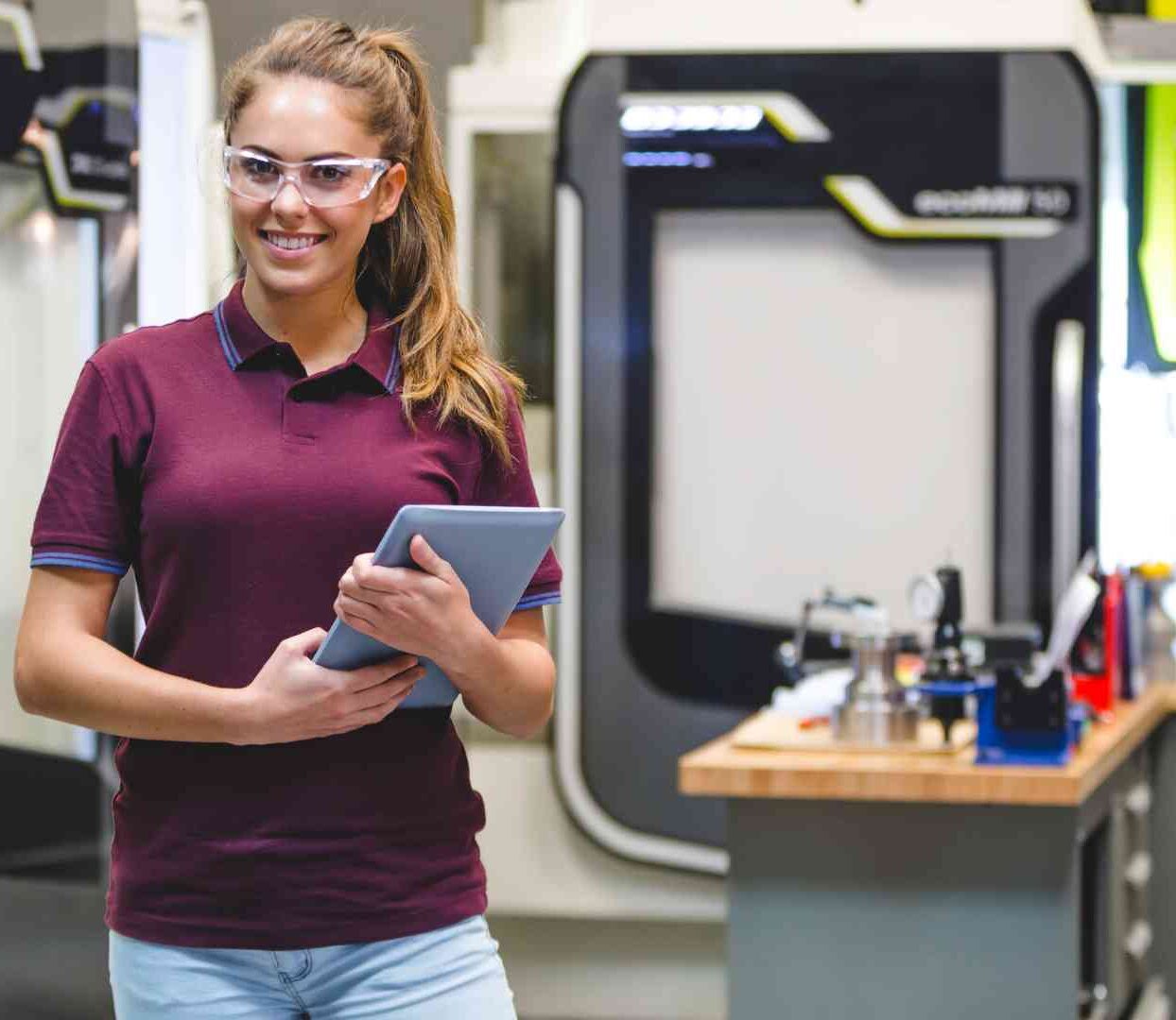 Female In Safety Glasses In Advanced Manufacturing Company Smiles At Camera