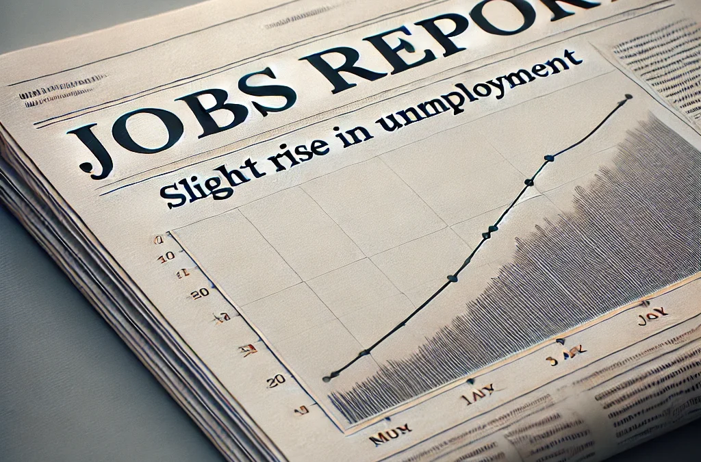 Newspaper Headline 'jobs Report' With A Subheading Indicating A Slight Rise In Unemployment